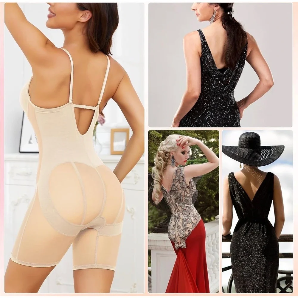 Slimers Nude U Plunge Neckline Full Body Shapewear Bodysuit MidThigh Slimmer NEW